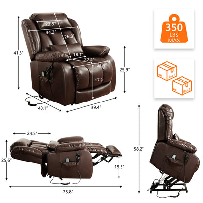 Brown leather recliner chair with dimensions and weight capacity on a white background. Overall size: 39.4" x 40.1" x 41.3"