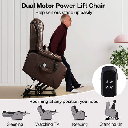 Dual Motor Power Lift Chair with lifting and reclining features, controlled via remote, and a man using it.