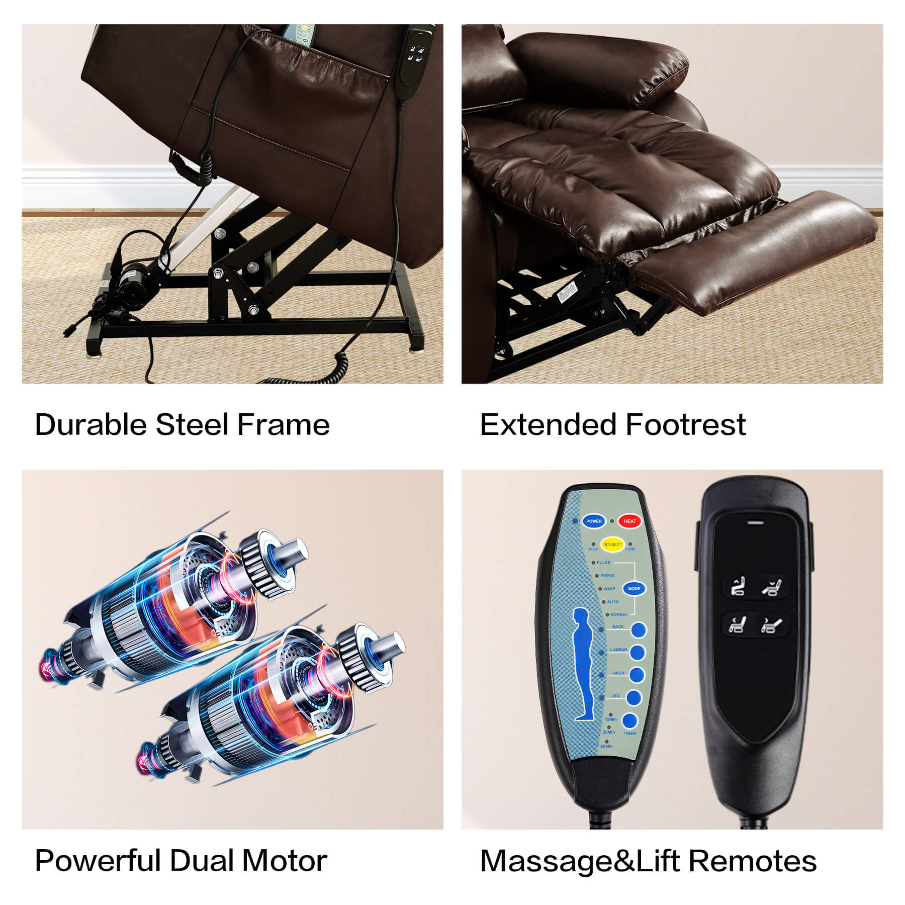Recliner chair with features highlighted including durable steel frame, extended footrest, powerful dual motor, and massage/lift remotes.