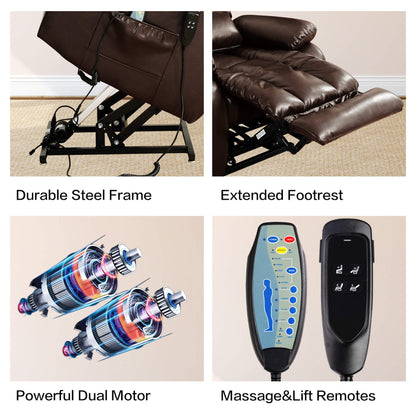 Recliner chair with features highlighted including durable steel frame, extended footrest, powerful dual motor, and massage/lift remotes.