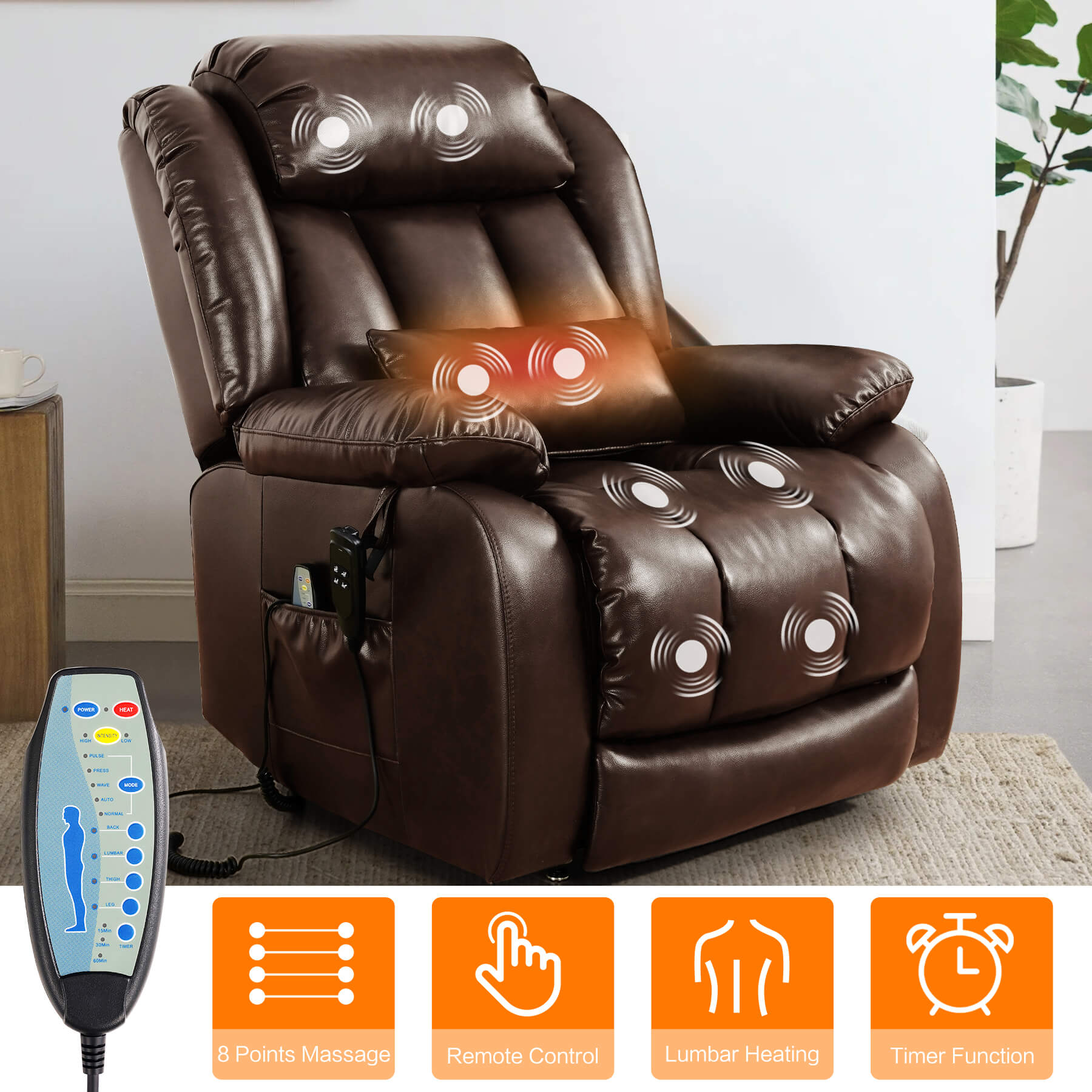 Brown recliner chair with massage and heating functions, with remote control in a living room setting.