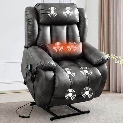 Gray massage  lift recliner chair in the raised position with massage points indicated in a room setting.