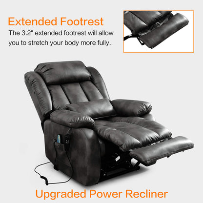 Gray upgraded power recliner chair with extended footrest on a light gray background.