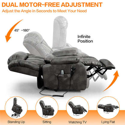 Gray recliner chair with dual motor - free adjustment features on a white background.