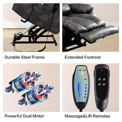 Recliner chair with features highlighted including durable steel frame, extended footrest, powerful dual motor, and massage/lift remotes.