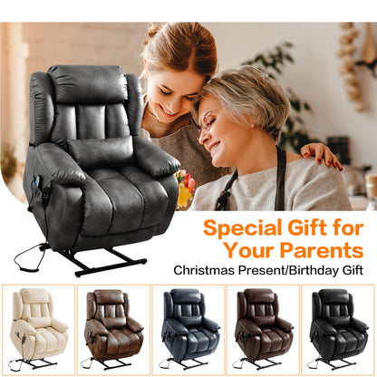 Gray leather recliner chair with a woman and elderly woman, text 'Special Gift for Your Parents', and images of other five color recliner chairs.