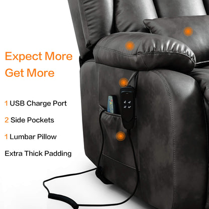 Gray leather recliner chair with USB charge port, side pockets, lumbar pillow, and thick padding on a white background.