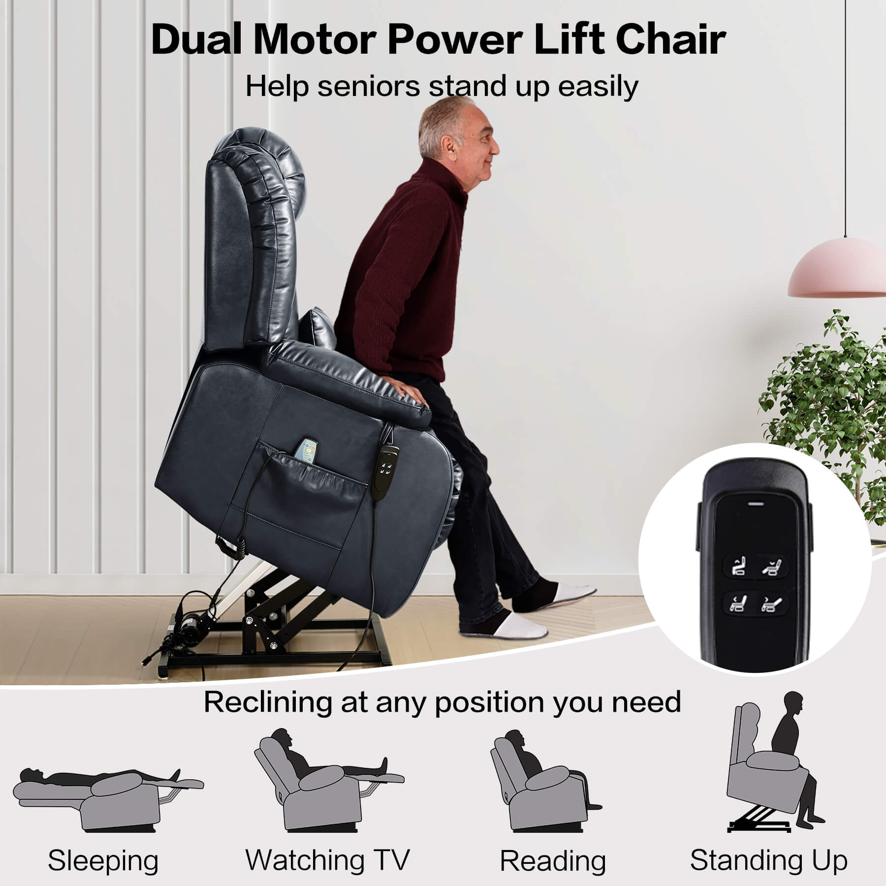 Dual Motor Power Lift Chair with lifting and reclining features, controlled via remote, and a man using it.