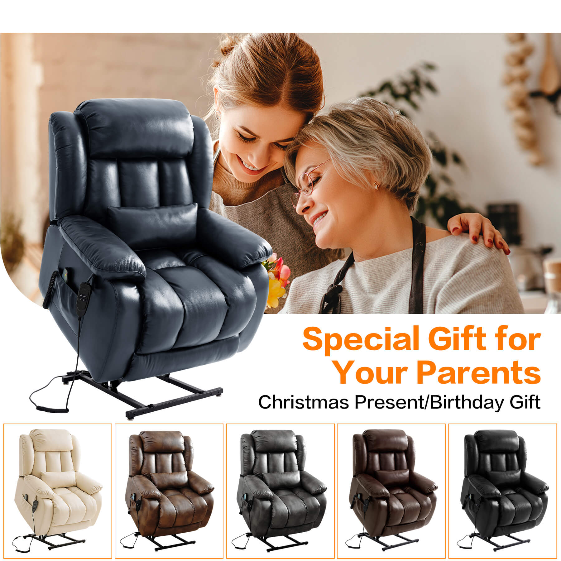 Navy leather recliner chair with a woman and elderly woman, text 'Special Gift for Your Parents', and images of other five color recliner chairs.