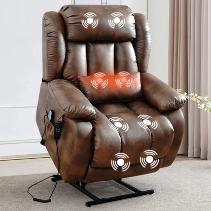 Ochre massage  lift recliner chair in the raised position with massage points indicated in a room setting.