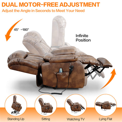 Ochre recliner chair with dual motor - free adjustment features on a white background.