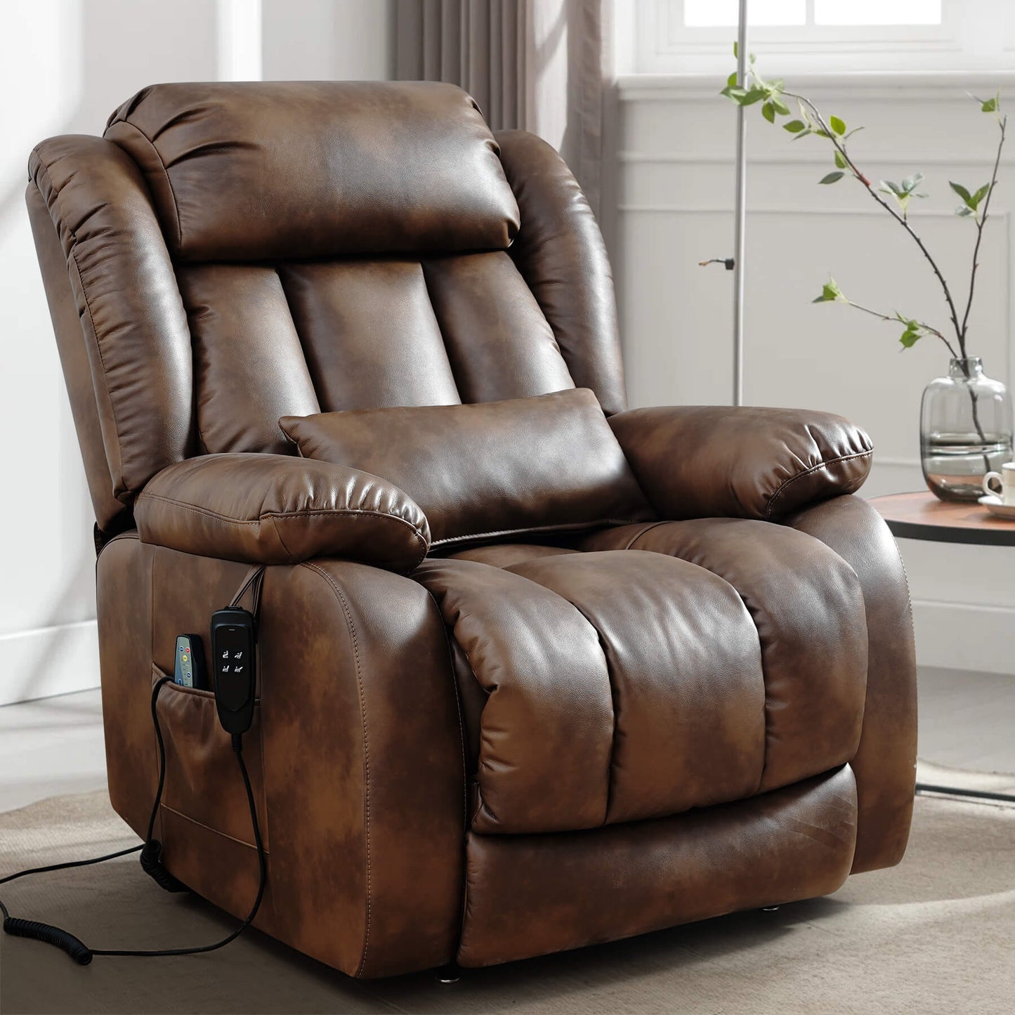 Ochre leather recliner chair in a living room setting, facing sideways.