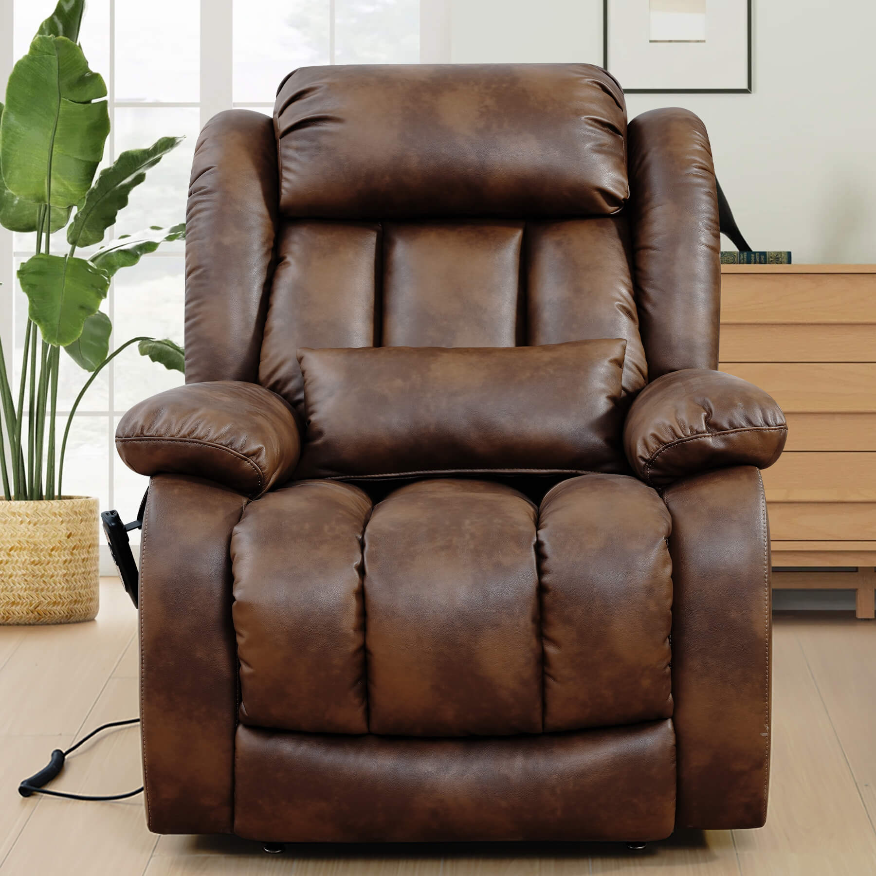 Ochre leather recliner chair in a living room setting, facing forward.
