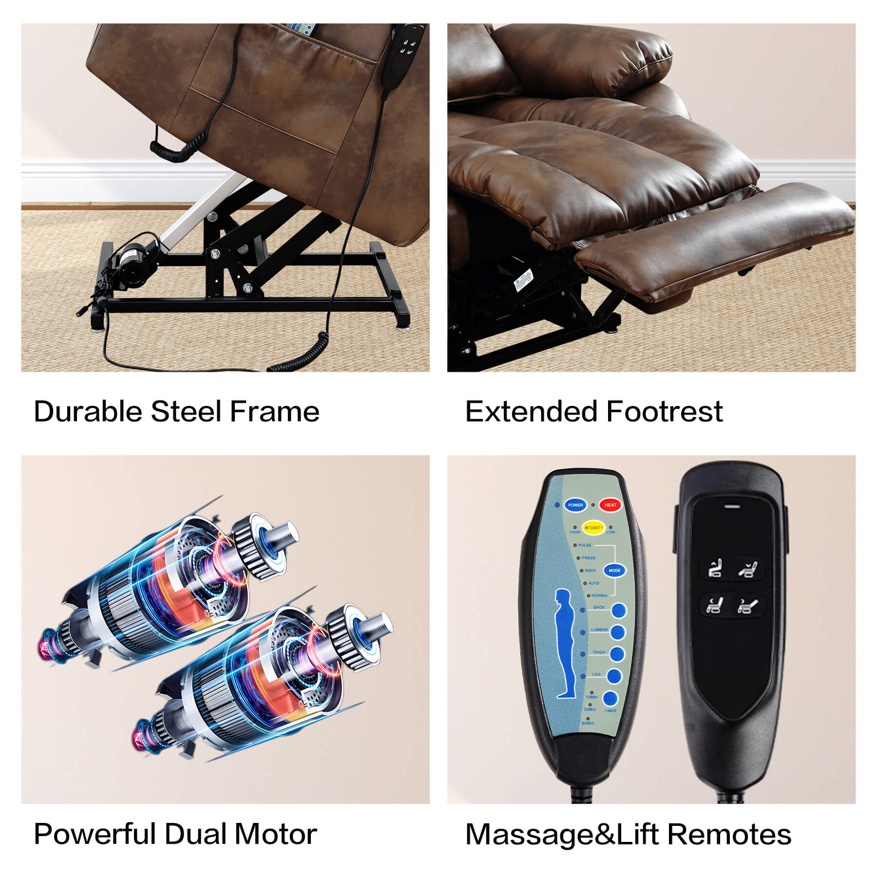 Recliner chair with features highlighted including durable steel frame, extended footrest, powerful dual motor, and massage/lift remotes.