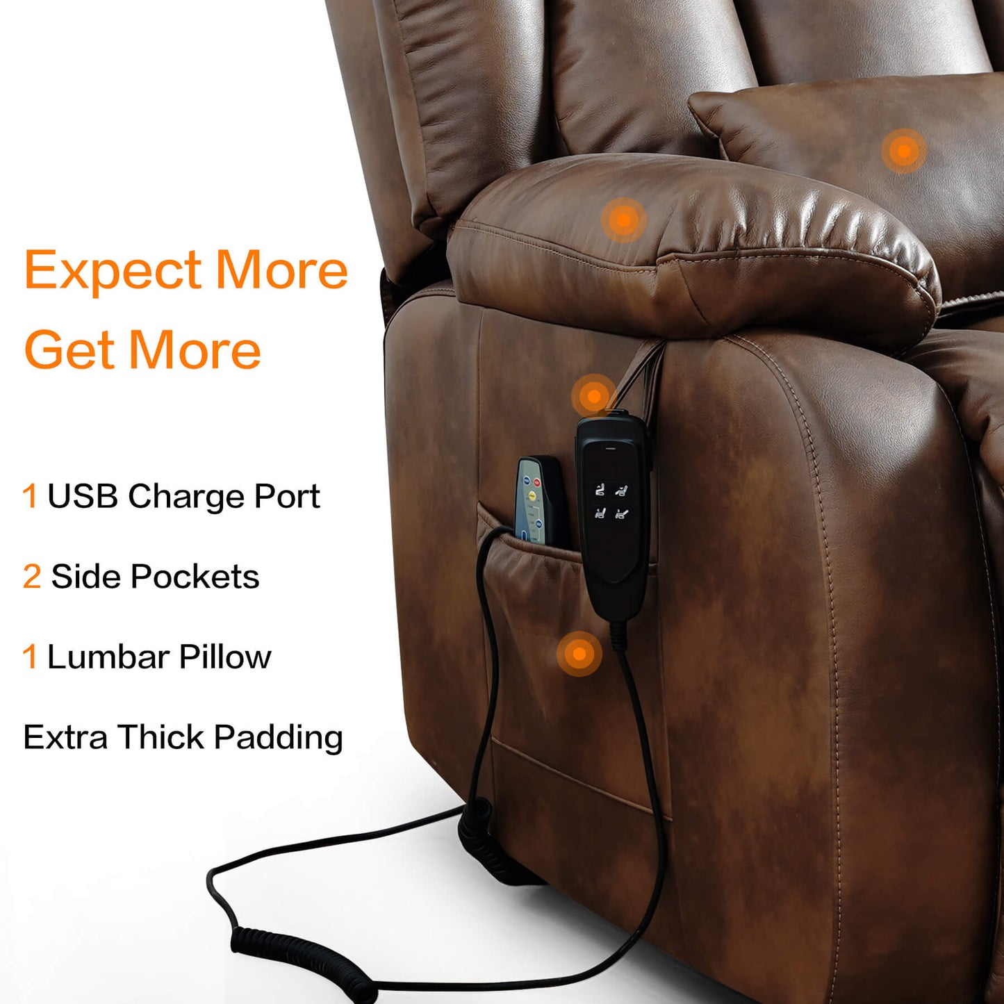 Ochre leather recliner chair with USB charge port, side pockets, lumbar pillow, and thick padding on a white background.