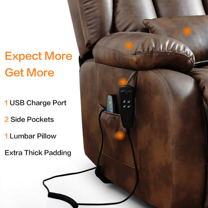 Ochre leather recliner chair with USB charge port, side pockets, lumbar pillow, and thick padding on a white background.
