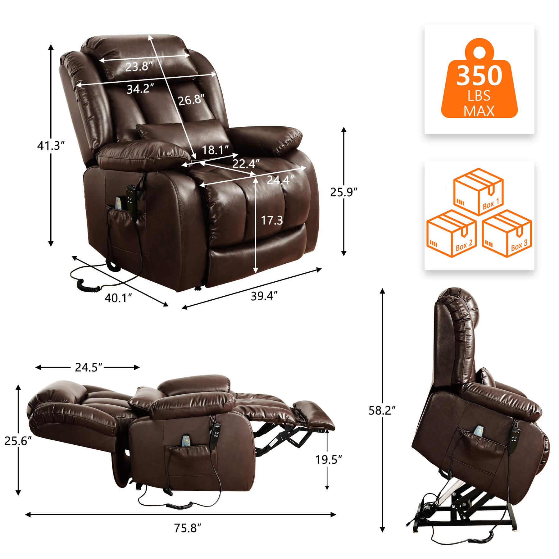 Brown leather recliner chair with dimensions and weight capacity on a white background. Overall size: 39.4" x 40.1" x 41.3"
