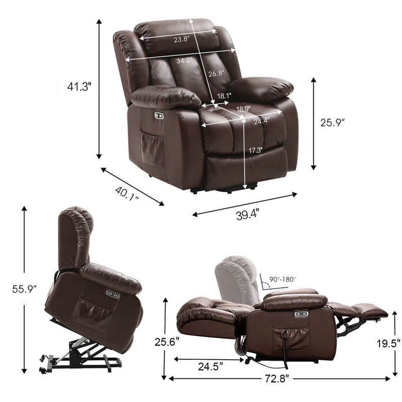 Infinite Position Lift Recliner Chair W/ Massage and Heating, Power by Dual Motor, Real Leather  Size