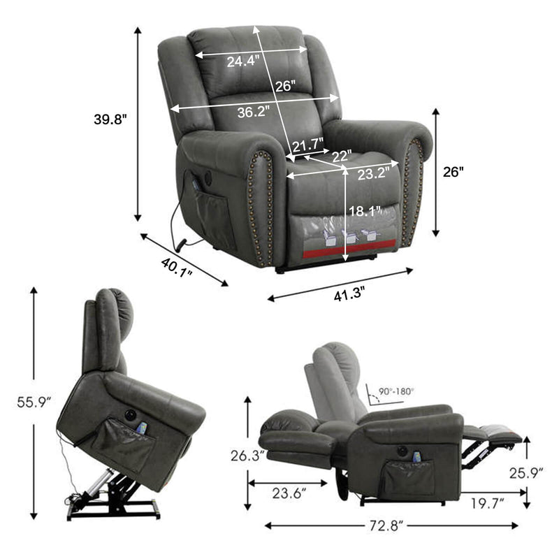 Infinite Position Lift Recliner Chair With Rivet W/ Massage and Heating, Power by Dual Motor, Fabric, Grey