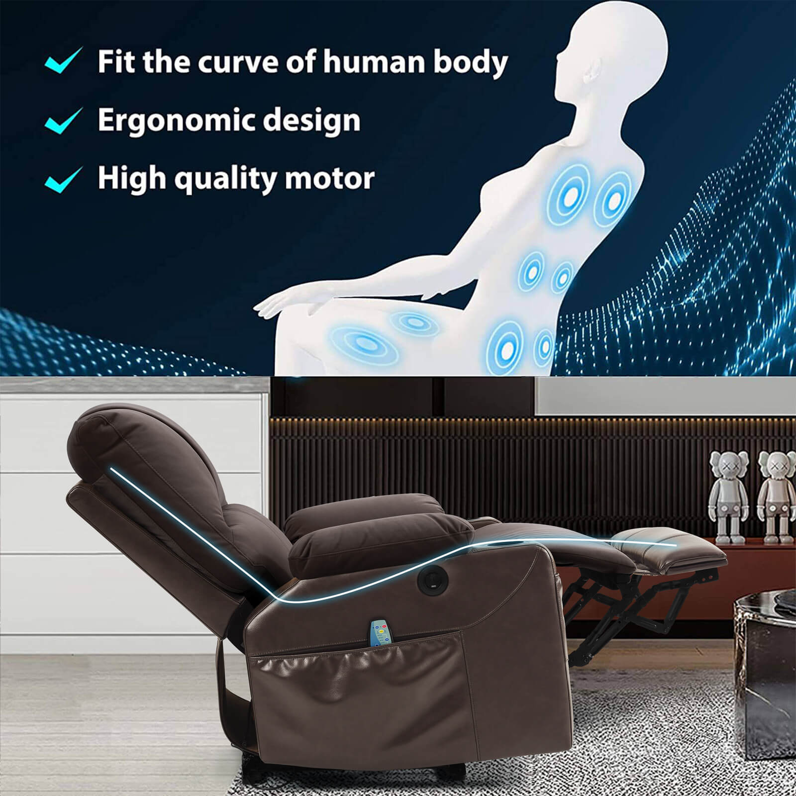 Power Recliner Chair With Nearly Lying Flat Recliner With Vibration Ma