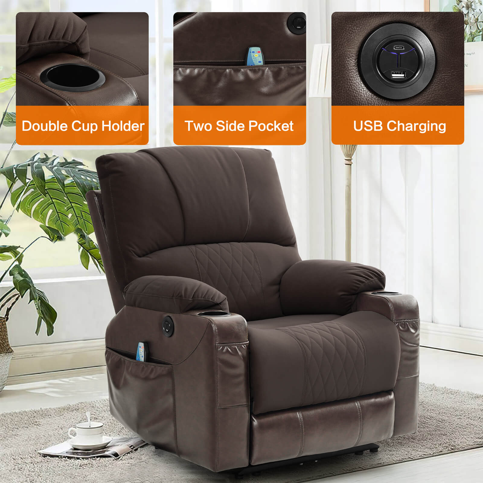 Power Recliner Chair With Nearly Lying Flat Recliner With Vibration Ma