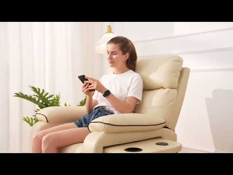 A lady experiences a electric lift recliner.