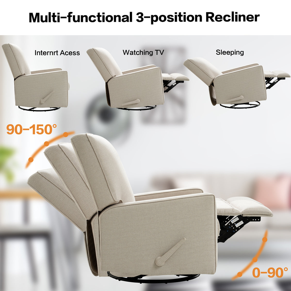 Large Swivel Rocking Recliner, Nursery Swivel Glider Fabric Manual Rec ...