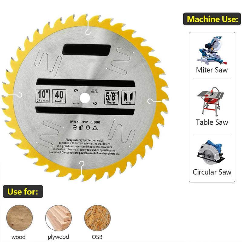 The 10 Inch-40TSaw Blade on a white background can be used on a variety of machines and woods
