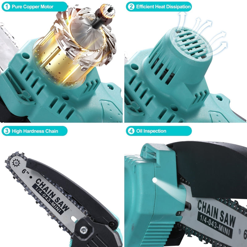 Close-up of the handheld chainsaw's motor, chain, and lights
