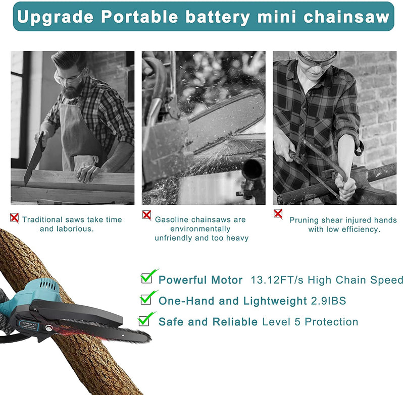 ASJMREYE Mini Chainsaw 6 Inch Cordless Hand-Held Electric Chain Saw Rechargeable Portable With 2*Batteries