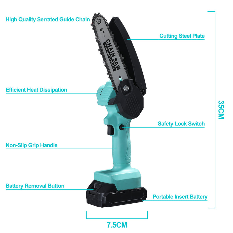 ASJMREYE Mini Chainsaw 6 Inch Cordless Hand-Held Electric Chain Saw Rechargeable Portable With 2*Batteries