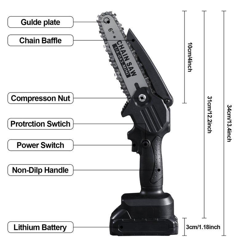 ASJMREYE Mini Chainsaw 6 Inch Cordless Hand-Held Black Electric Chain Saw Rechargeable Portable With Two Battery 3* Chains