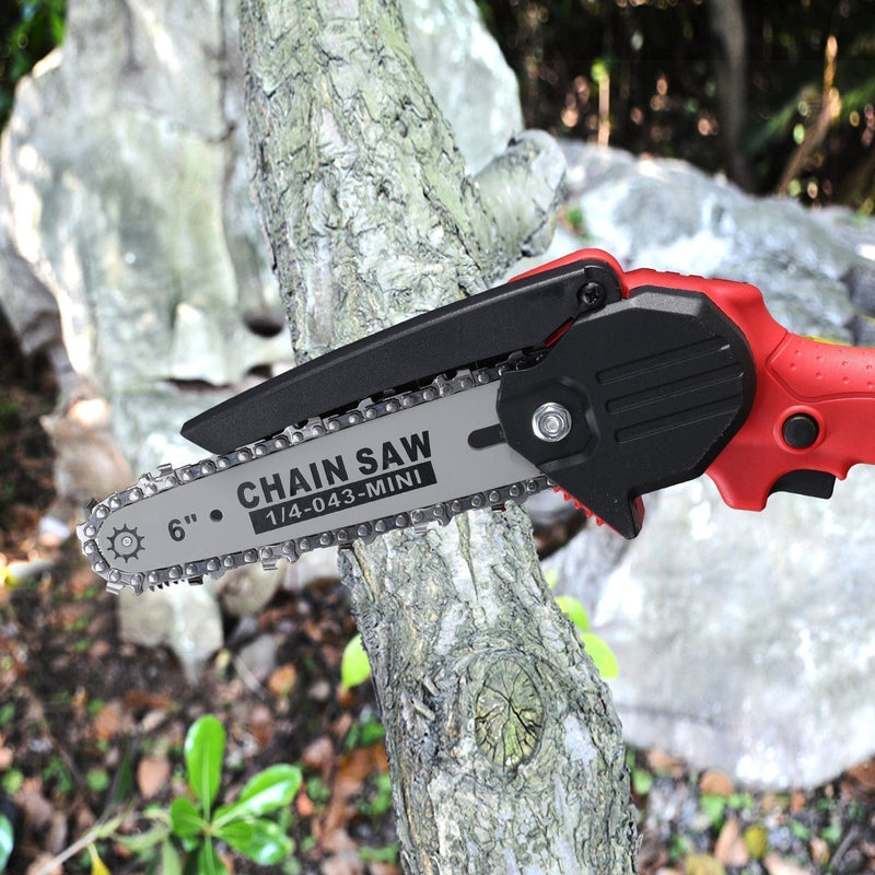 ASJMREYE  Mini Chainsaw 6 Inch Cordless Hand-Held Red Electric Chain Saw Rechargeable Portable With Two Battery