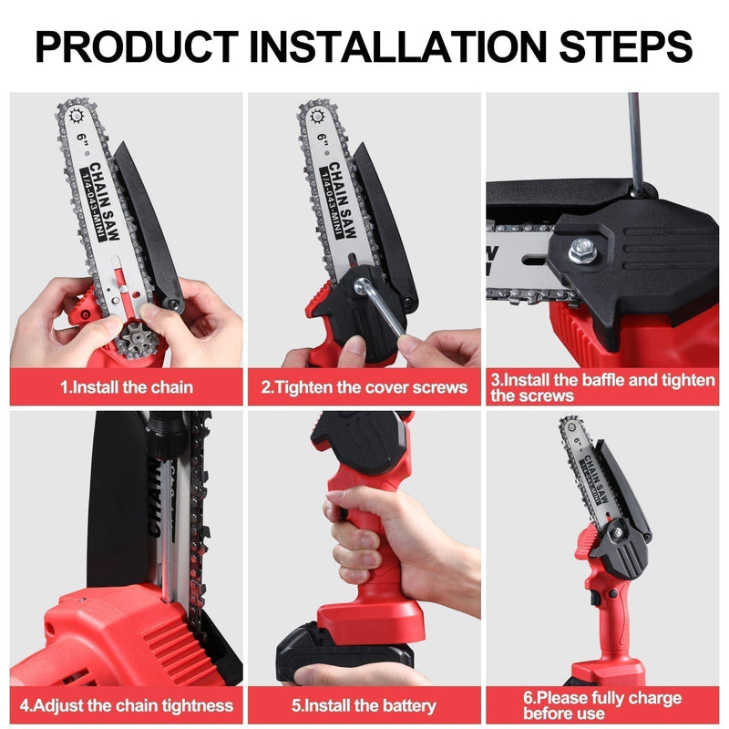 ASJMREYE  Mini Chainsaw 6 Inch Cordless Hand-Held Red Electric Chain Saw Rechargeable Portable With Two Battery