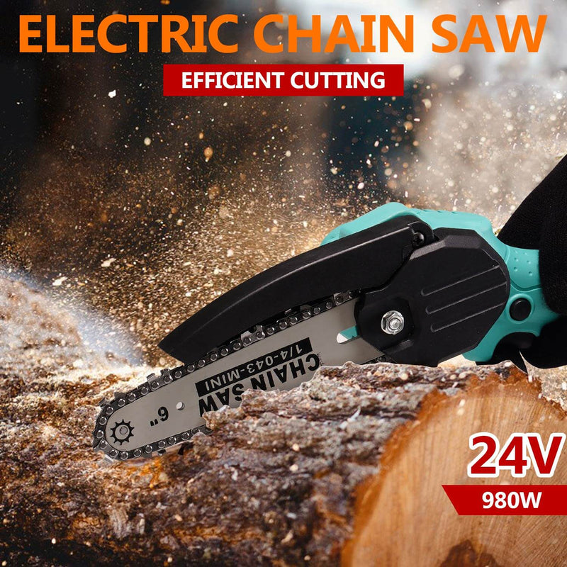 ASJMREYE 1000W 24V 6 Inch Cordless Hand-Held Mini Electric Chainsaw Rechargeable Portable Spare Battery 3*Chains