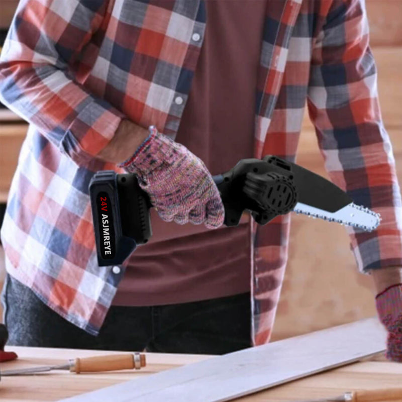 ASJMREYE Mini Chainsaw 6 Inch Cordless Hand-Held Electric Chain Saw Re