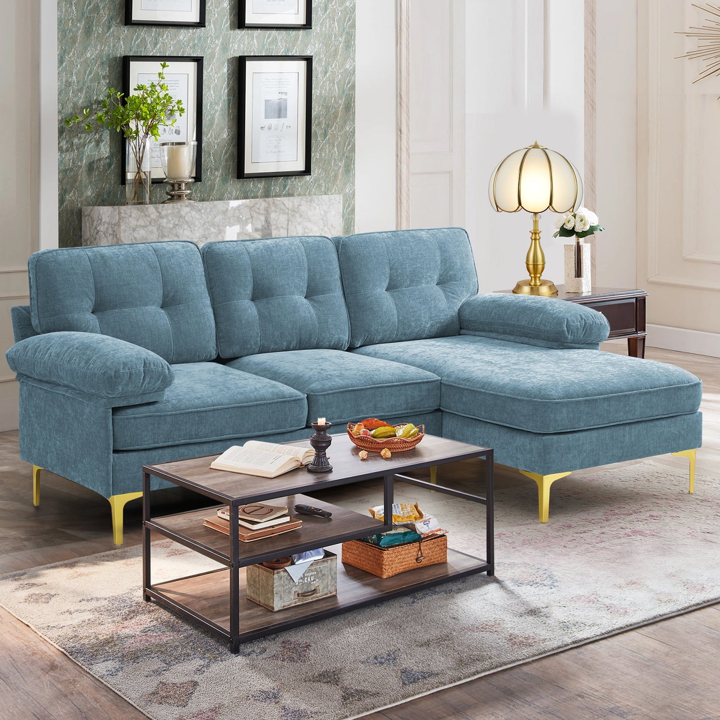 Asjmreye Sectional Sofa L-Shape Couch with Chaise Chenille Fabric Light Blue